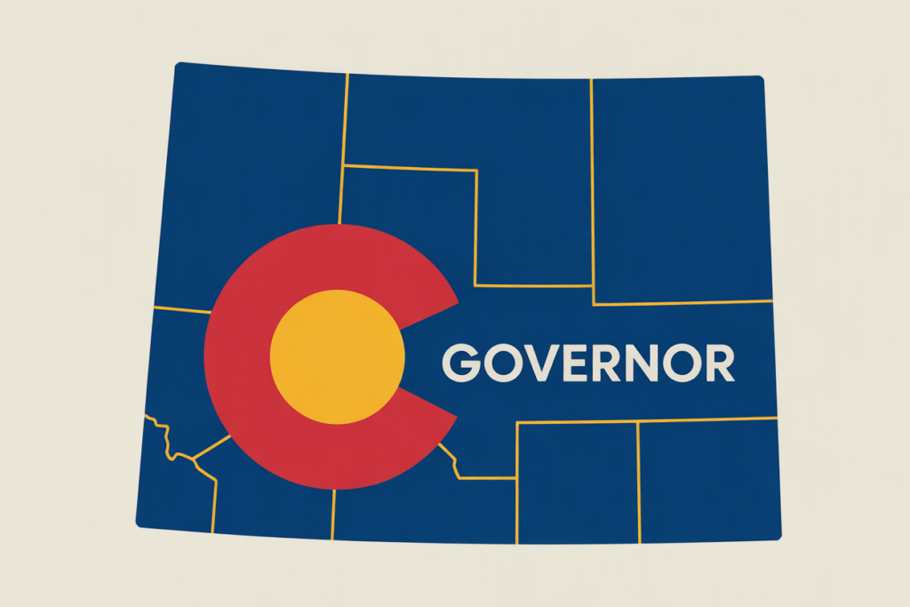 Map of Colorado with election-themed graphics for the 2026 governor race.