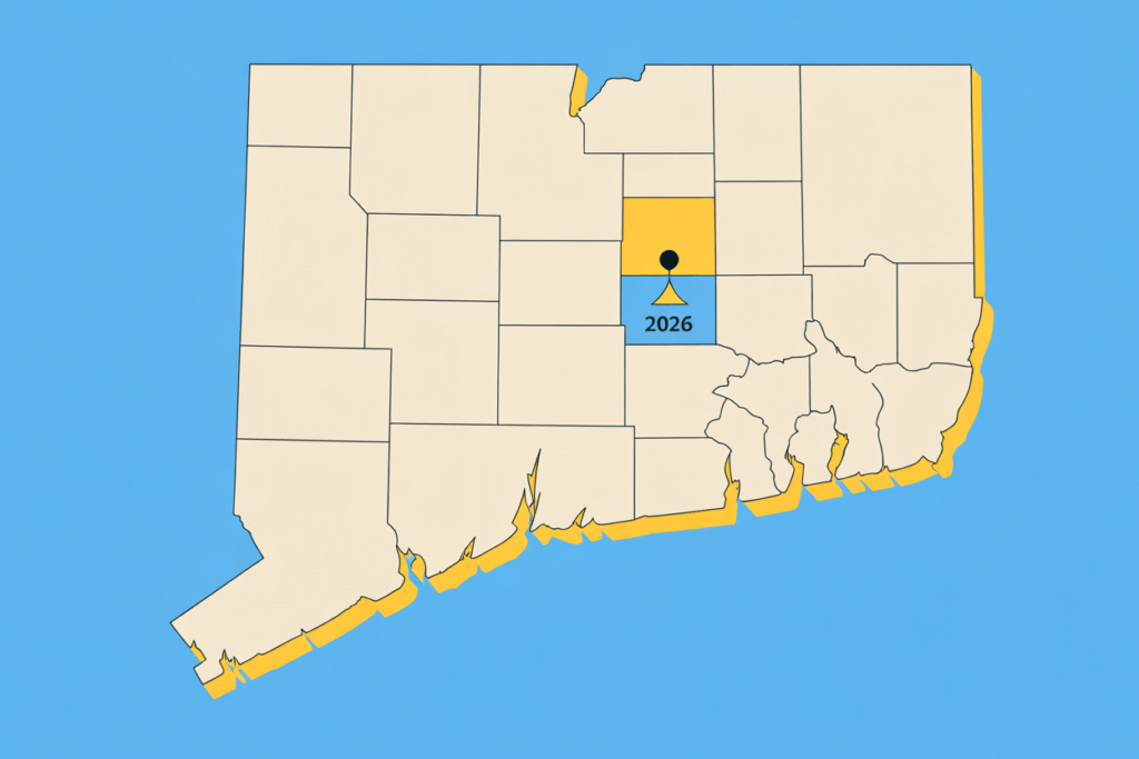 A generic map of Connecticut highlighting its 2026 gubernatorial election.