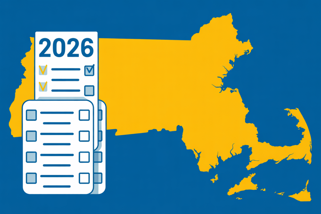 A ballot and map representing the 2026 Massachusetts gubernatorial election.