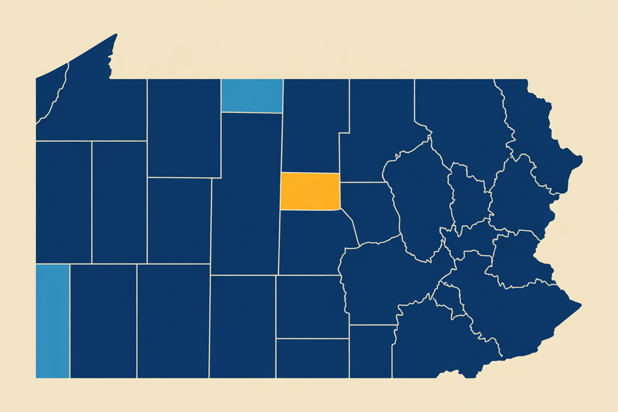 Map of Pennsylvania with 2026 governor election polling data overlay.