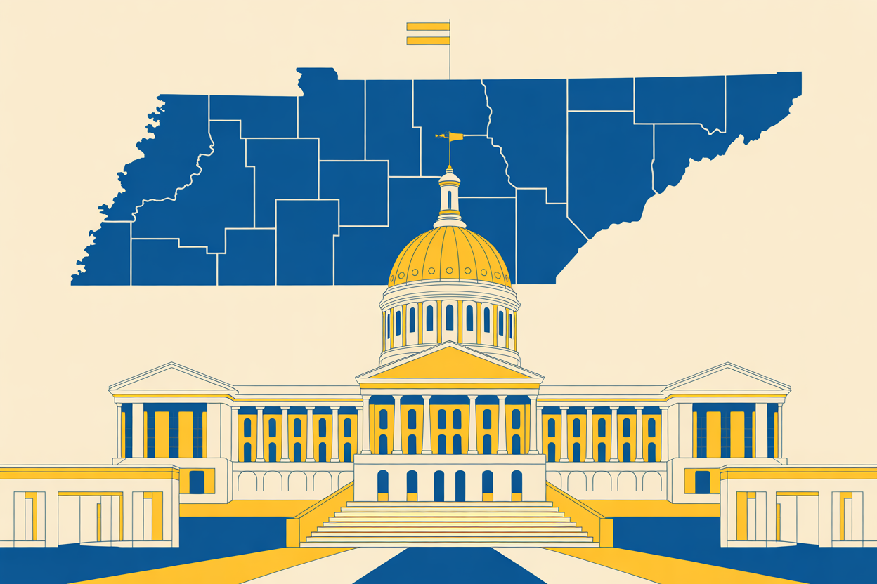 A generic 2026 Tennessee election map and capitol building.