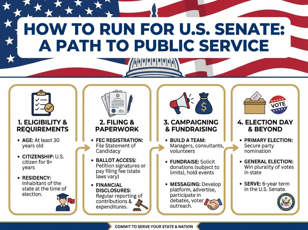 Infographic titled ‘Roadmap to the U.S. Senate’ showing the step-by-step process to run: constitutional requirements, FEC filing, ballot access, building staff, fundraising, and the campaign trail.