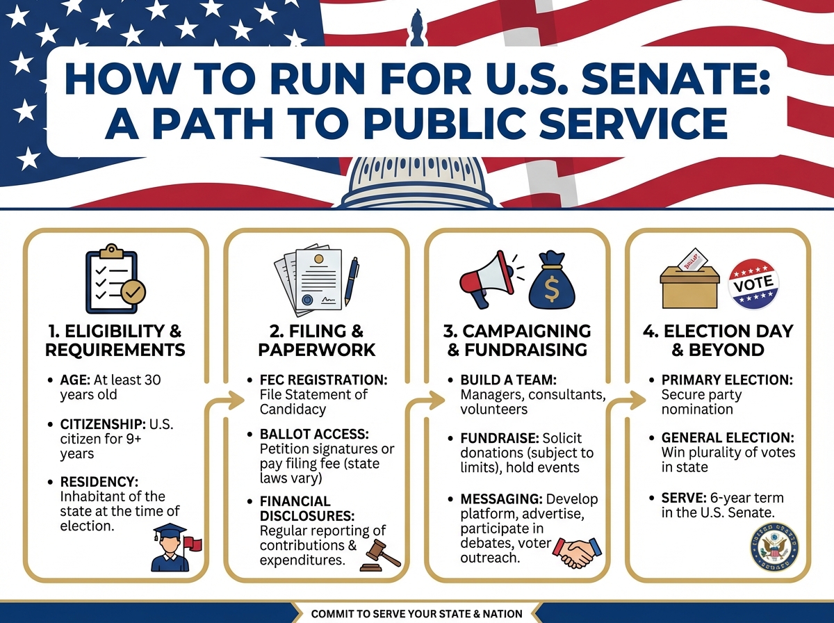 Infographic titled ‘Roadmap to the U.S. Senate’ showing the step-by-step process to run: constitutional requirements, FEC filing, ballot access, building staff, fundraising, and the campaign trail.