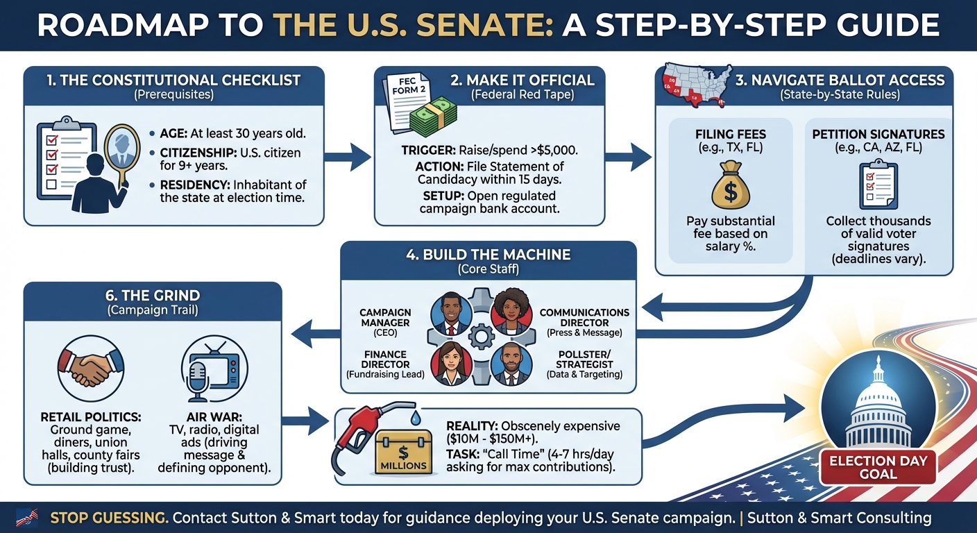 Infographic explaining how to run for U.S. Senate, including eligibility requirements, filing procedures, campaigning steps, fundraising, and the path through the primary and general elections.