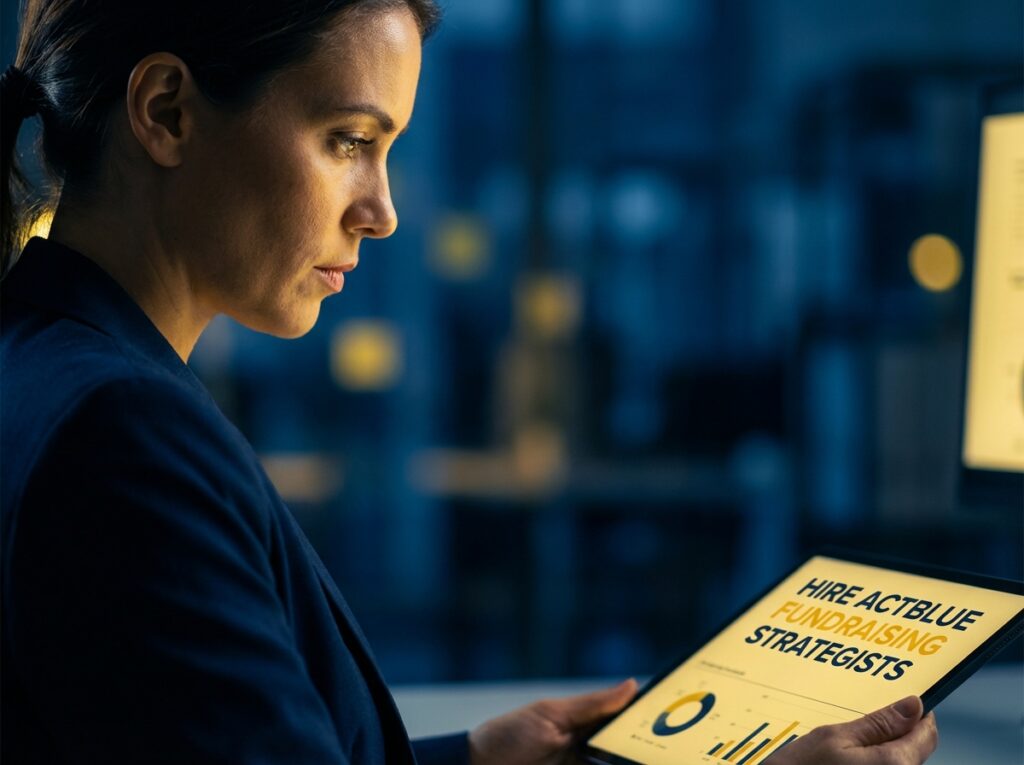 Campaign manager analyzing ActBlue fundraising dashboard on a tablet