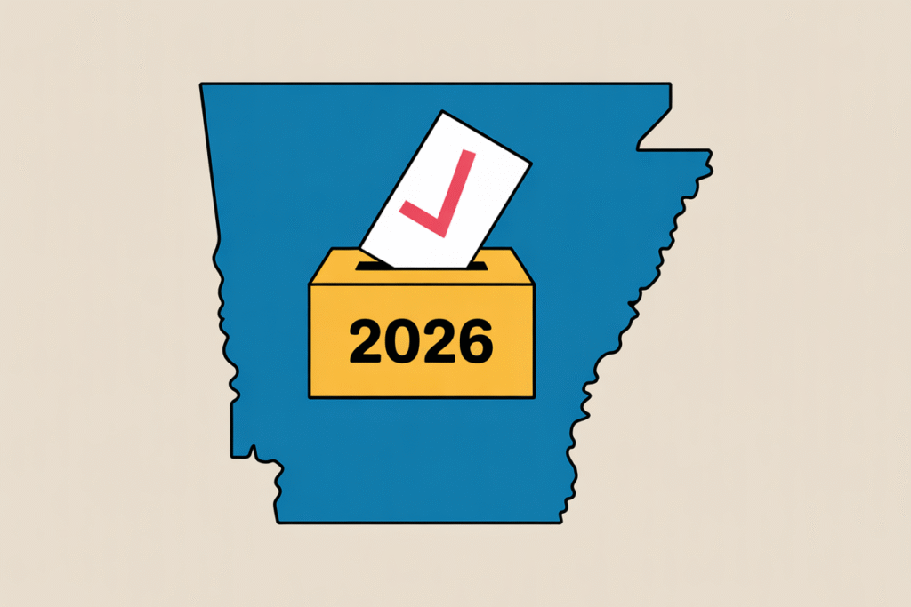 A map of Arkansas with a ballot and voting symbol highlighting the 2026 election.