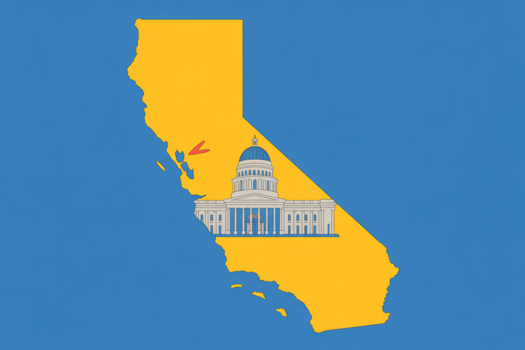 Map of California with a ballot and capitol building for the 2026 governor election.
