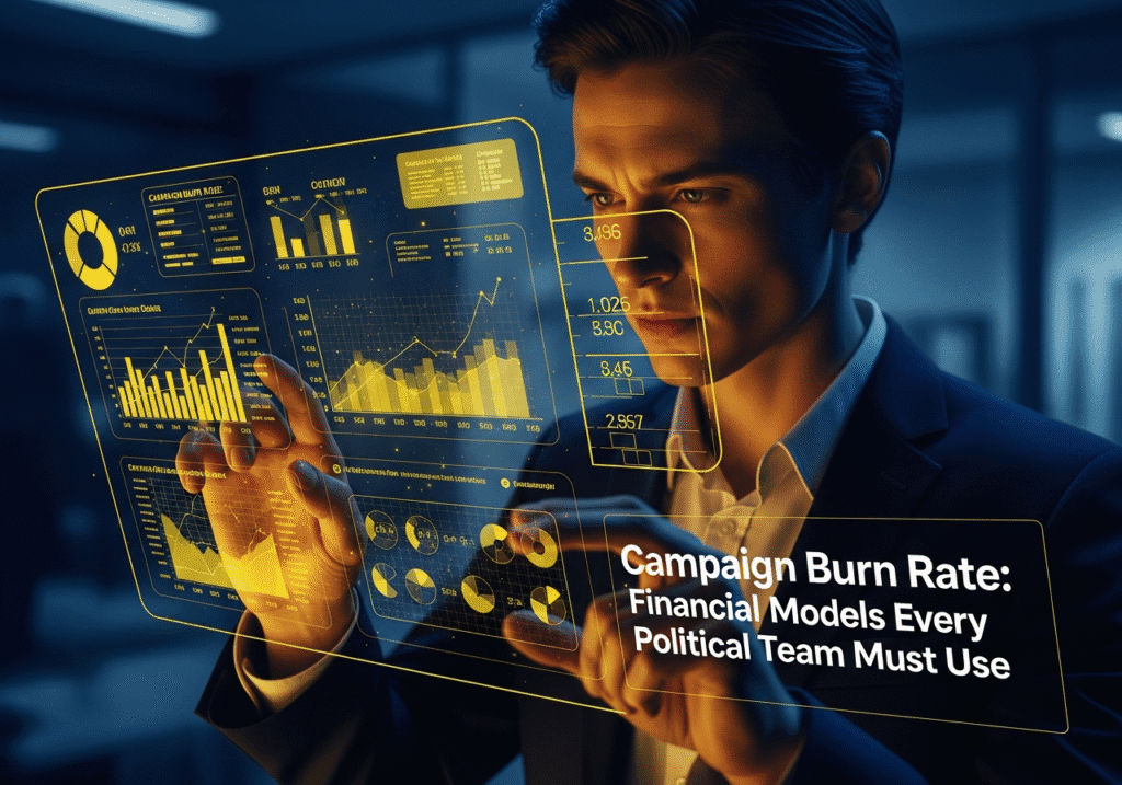 Political campaign finance team analyzing burn rate models on a dashboard