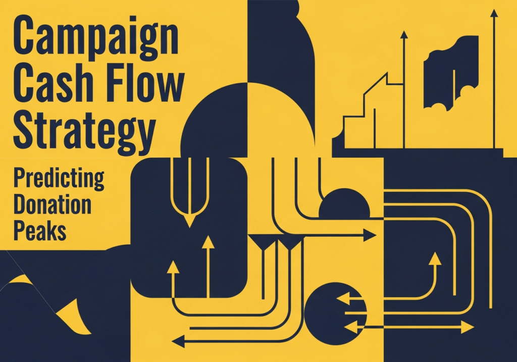 Campaign finance team analyzing donation peaks and cash flow charts for a Democratic candidate