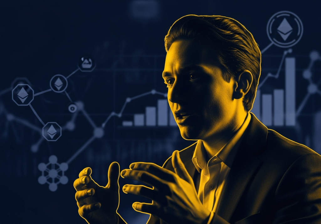 Crypto and campaign finance reporting guide for Democratic candidates showing digital asset graphs.