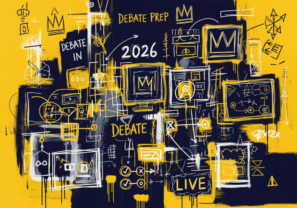 Democratic campaign war room staff monitoring screens during debate prep in 2026 using digital rapid response teams live