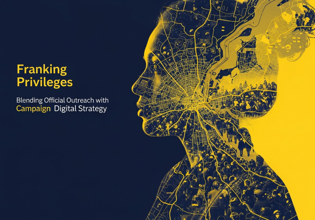 Democratic campaign manager reviewing franking privilege guidelines and digital strategy map