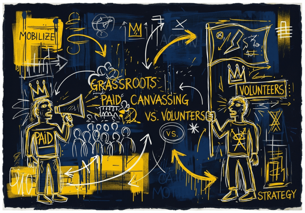 Democratic canvassers using a mobile app for grassroots mobilization strategy paid canvassing vs volunteers