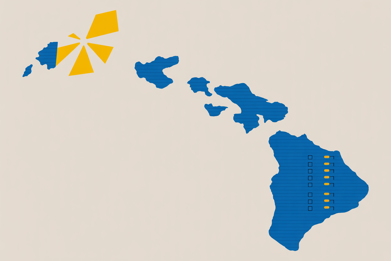A neutral map of Hawaii with an election ballot for the 2026 governor race.