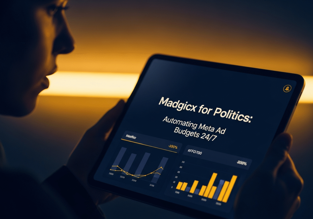 Madgicx for Politics dashboard showing automated budget rules for a democratic campaign