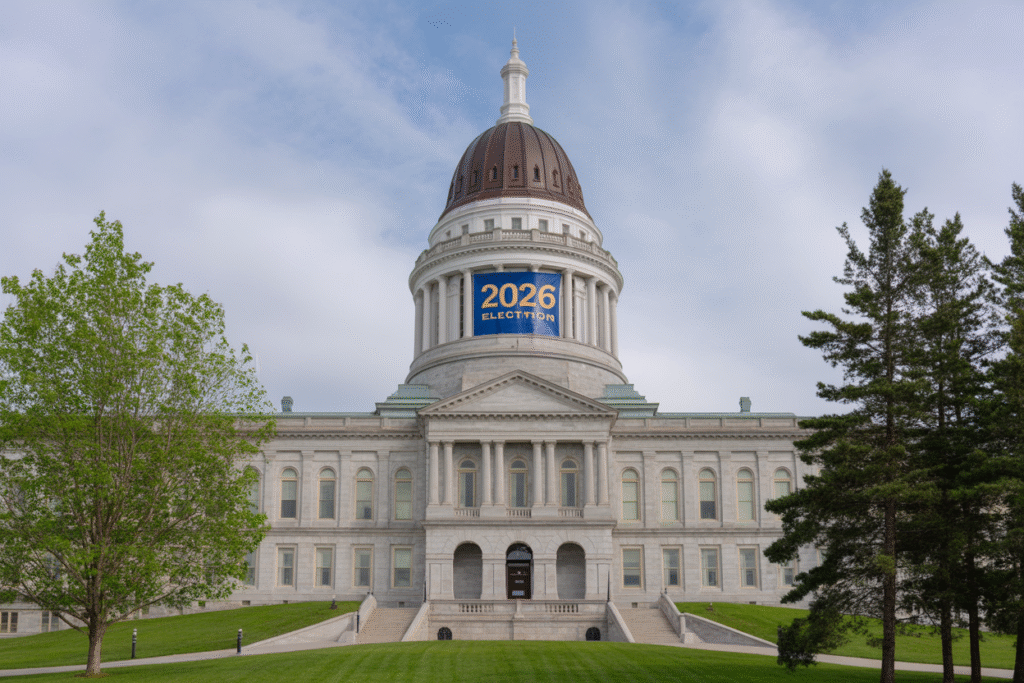 Maine state capitol in Augusta with a 2026 election banner.