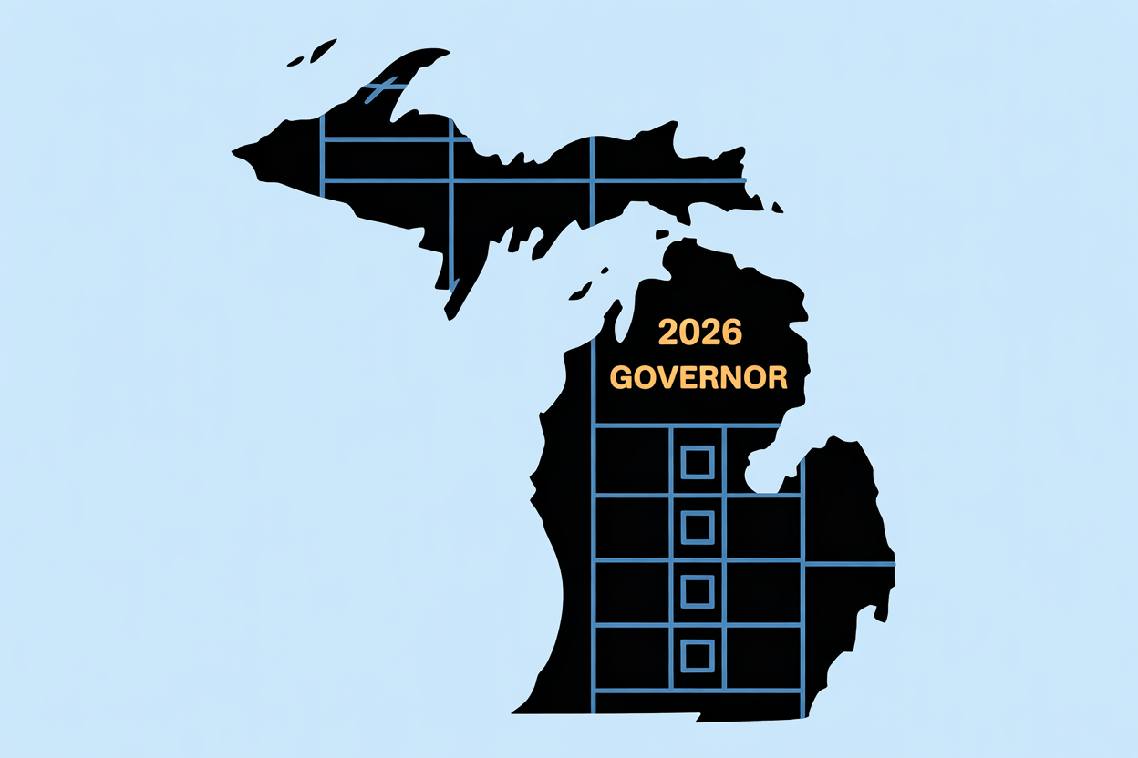 A generic map of Michigan with a ballot overlay referencing the 2026 governor election.