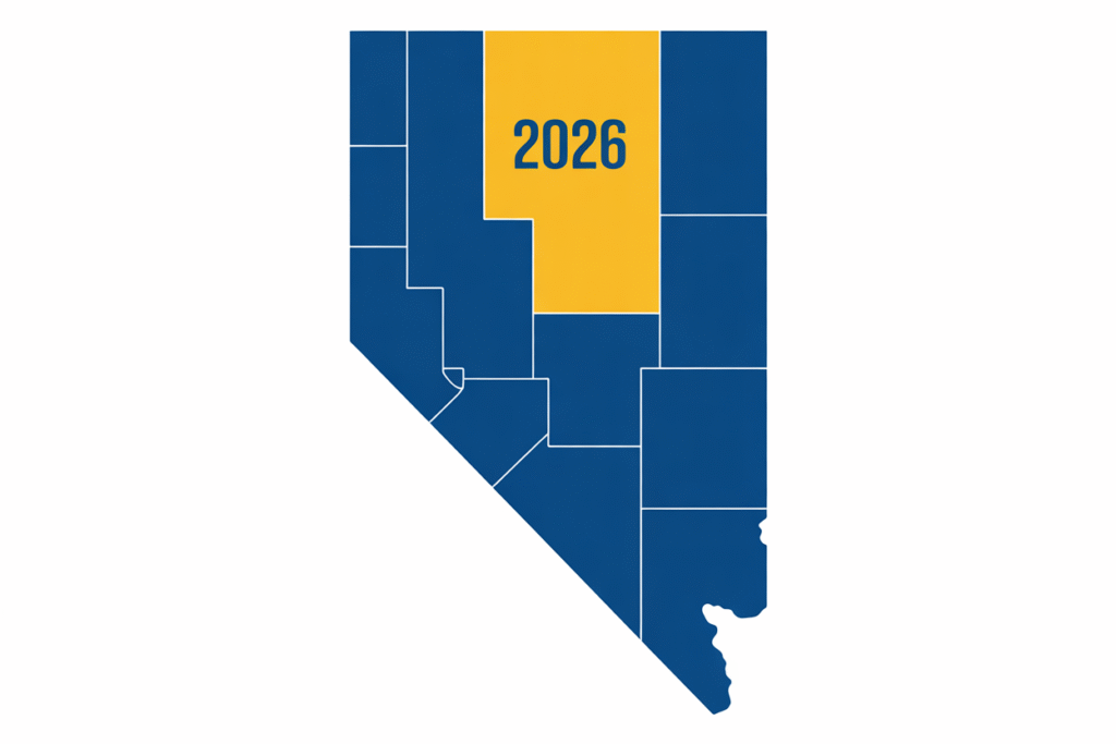 A neutral visual of a Nevada map highlighting the 2026 Governor election.