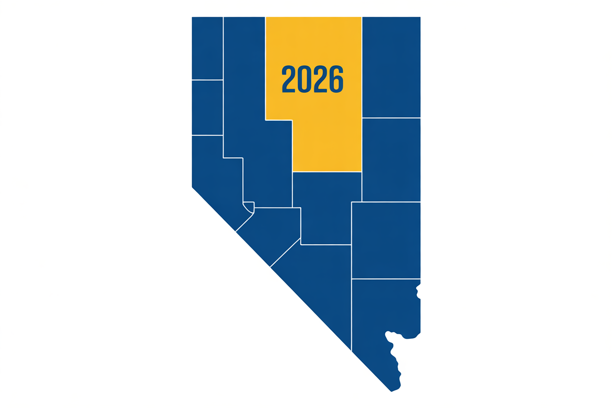 A neutral visual of a Nevada map highlighting the 2026 Governor election.