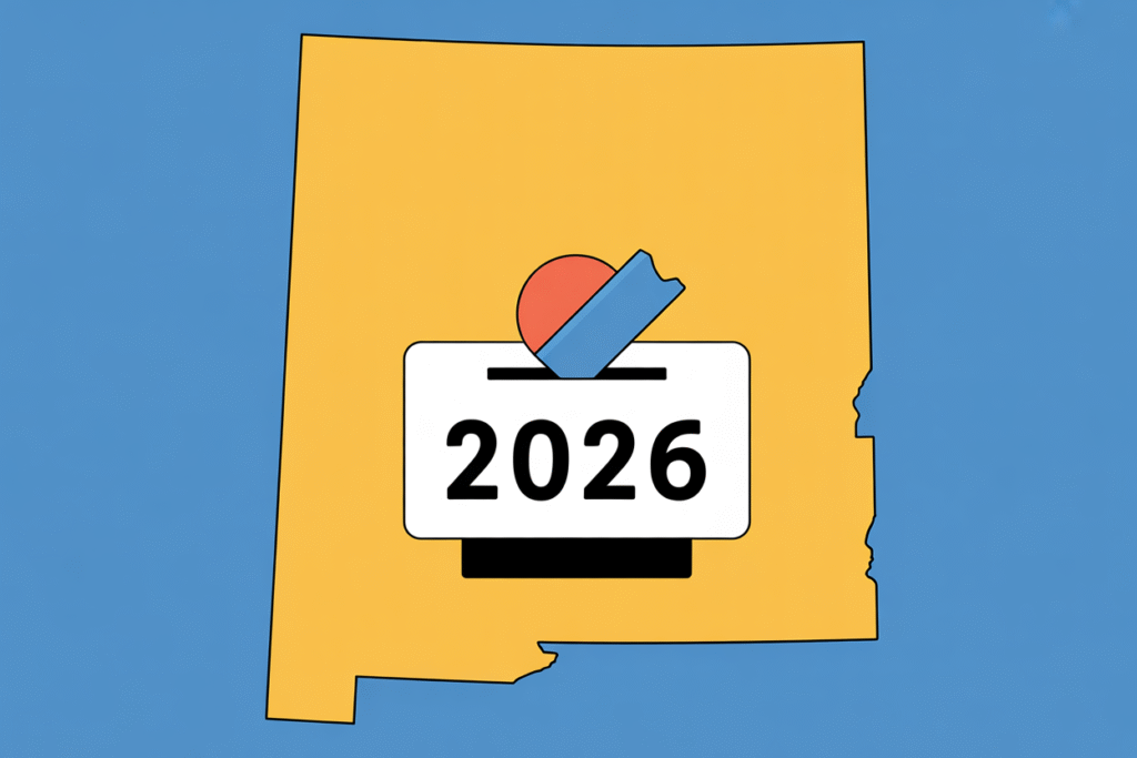 A generic map of New Mexico with a ballot for the 2026 election.