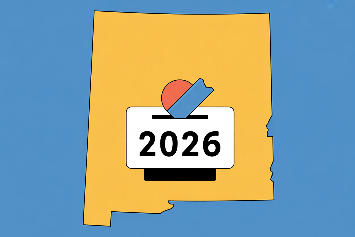 A generic map of New Mexico with a ballot for the 2026 election.