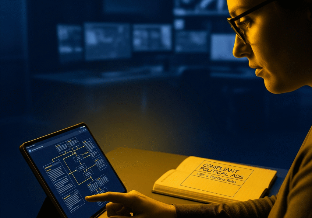 A digital strategy director reviewing FEC compliance checklists for political ads.