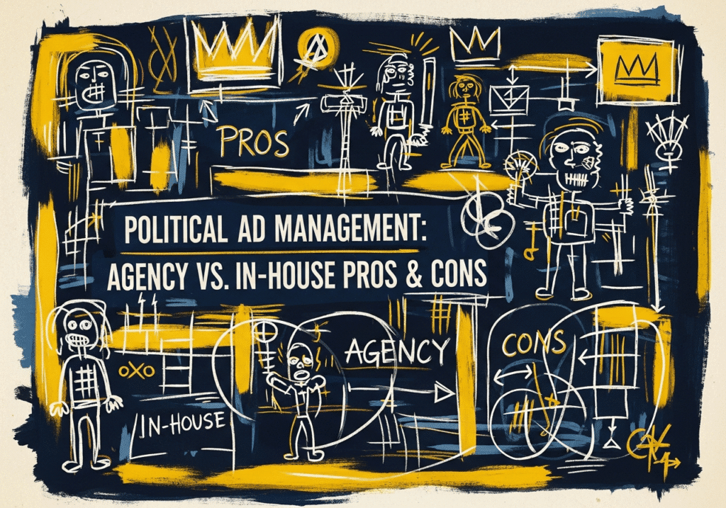 Democratic campaign team analyzing political ad management data on screens