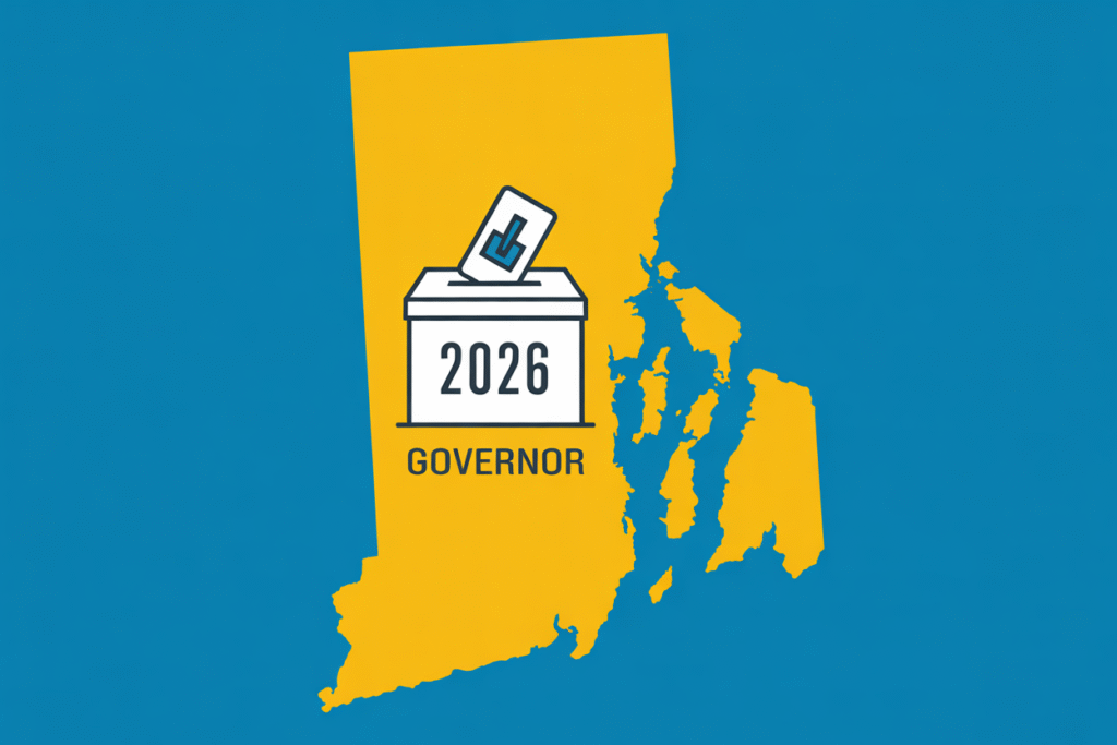 A map of Rhode Island with a ballot box highlighting the 2026 Governor election.
