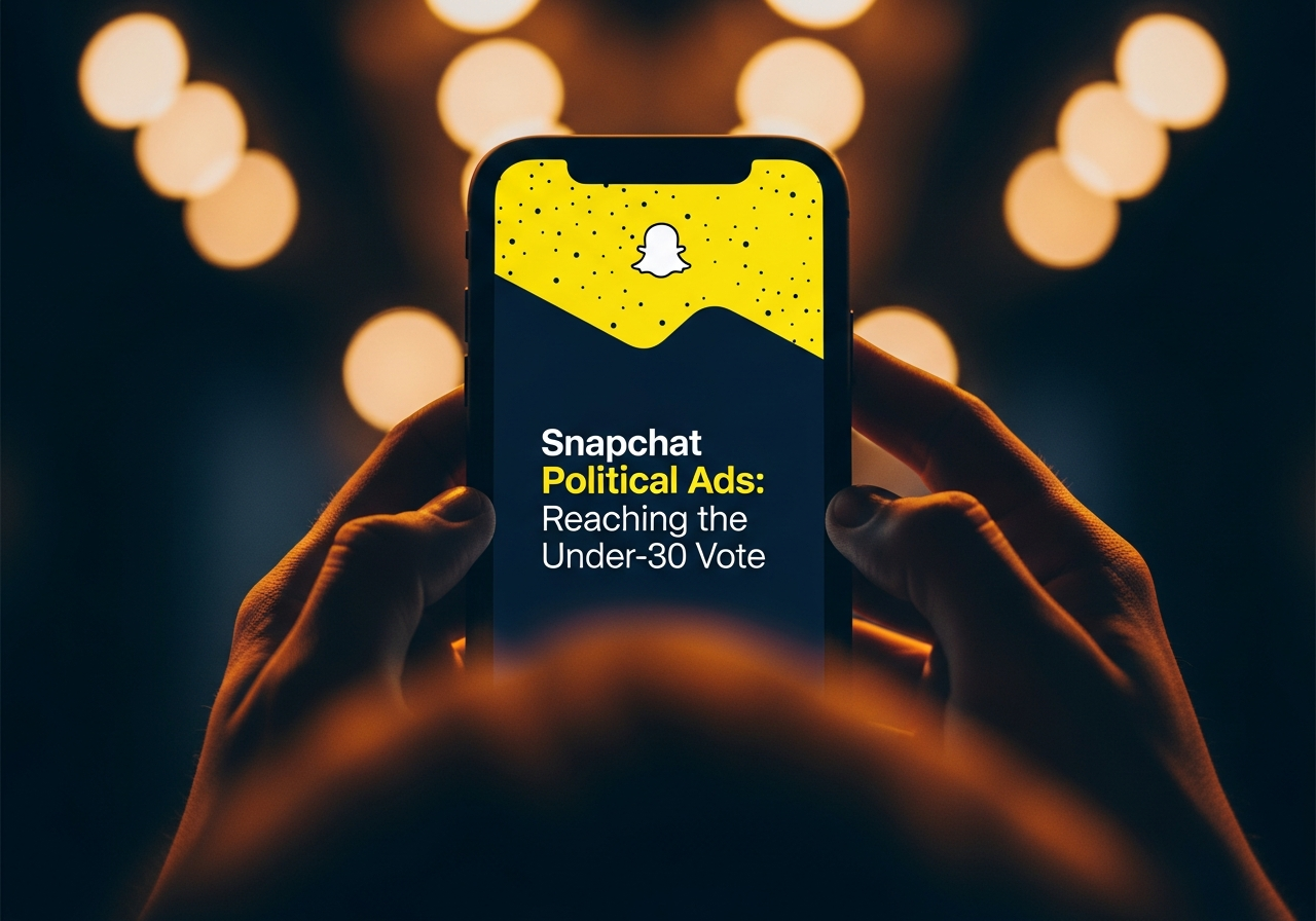 Smartphone displaying a vertical political ad on Snapchat