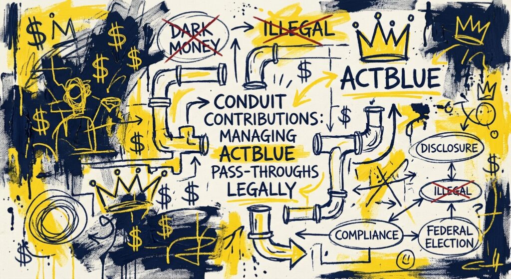 Democratic campaign treasurer reviewing ActBlue conduit contribution reports on a laptop.