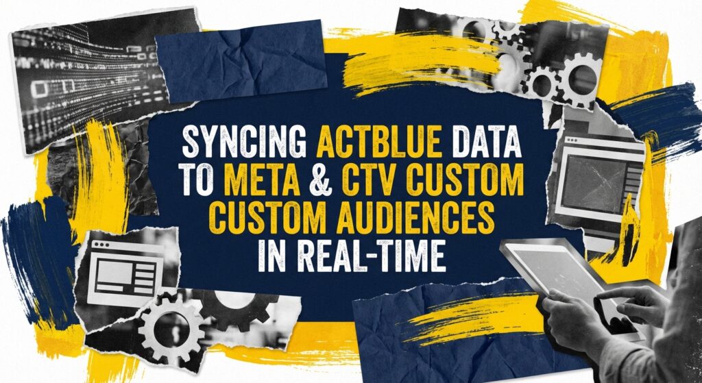 Dashboard view showing ActBlue integration settings for Meta and data flow diagrams for CTV.
