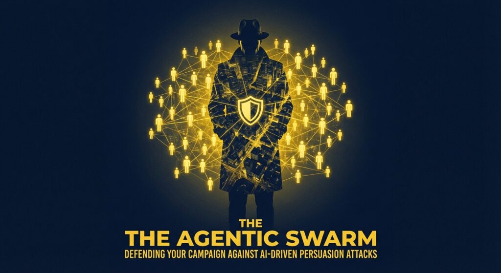 Digital campaign war room monitoring agentic swarm attacks on multiple screens