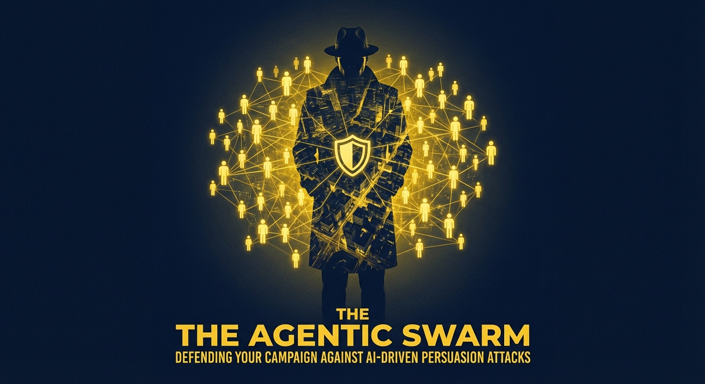 Digital campaign war room monitoring agentic swarm attacks on multiple screens