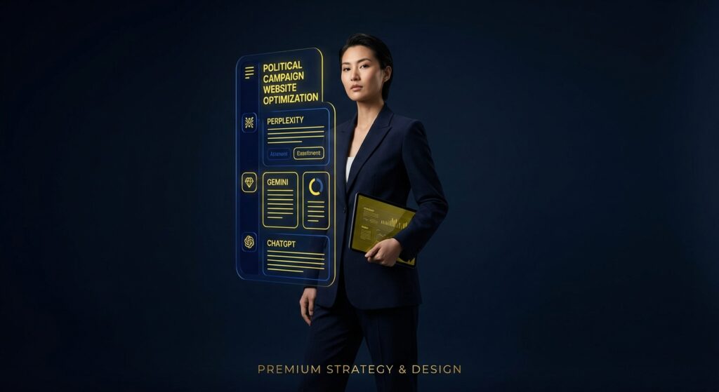 Political campaign team analyzing AI search results and website analytics on a monitor.