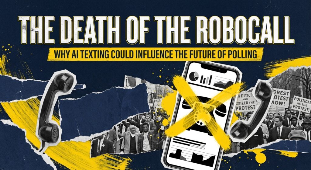 A campaign volunteer utilizing AI texting software on a laptop to analyze polling data.