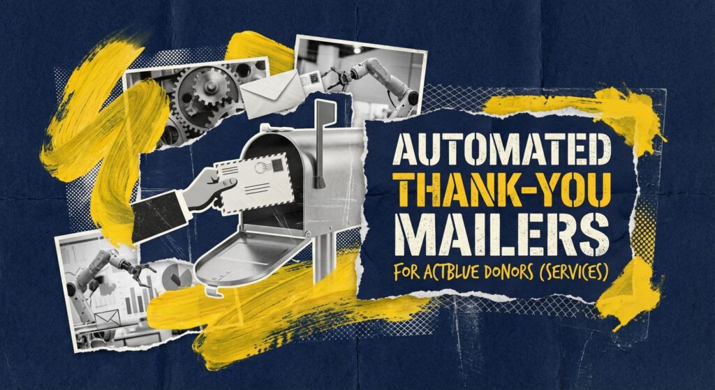 Union printed automated thank you mailers for ActBlue donors sitting on a campaign desk