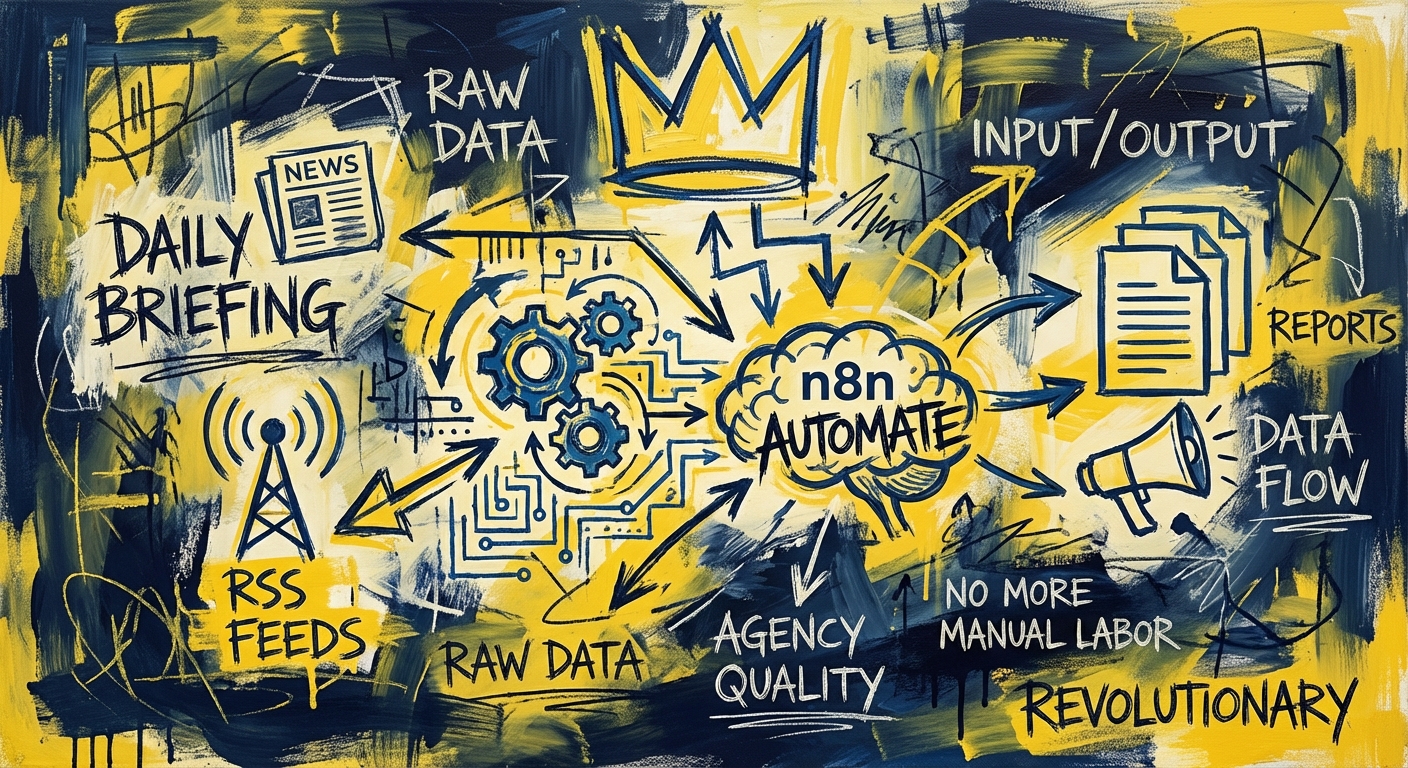 Dashboard showing n8n workflow for automating daily briefing reports with RSS feeds for a political campaign
