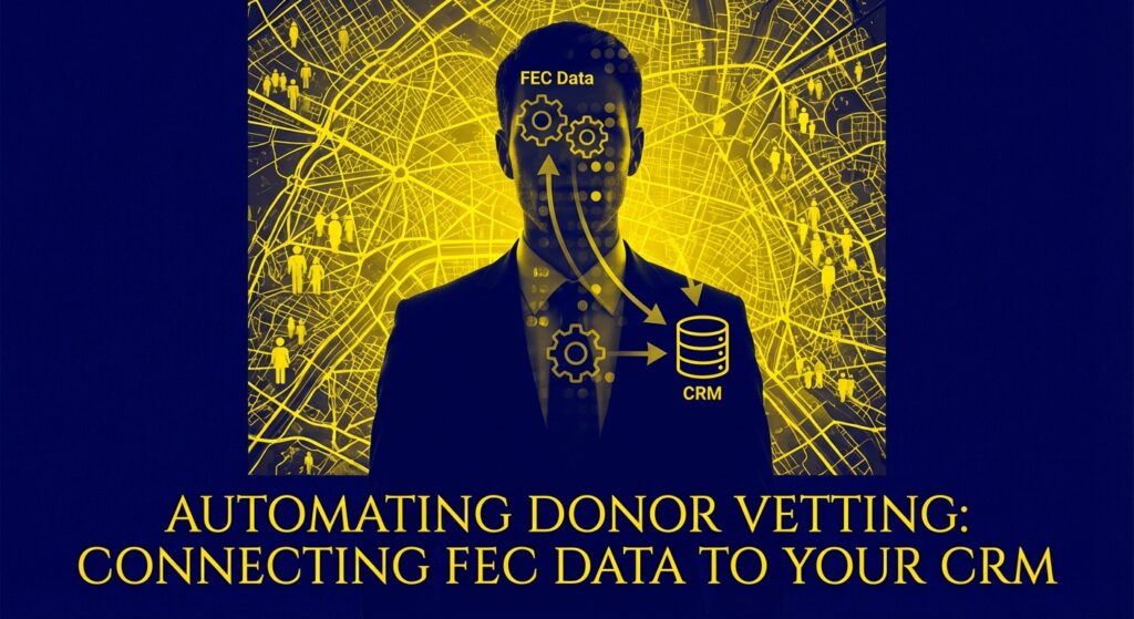 Dashboard showing automated donor vetting and FEC data integration for political campaigns
