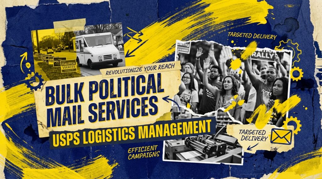 USPS bulk mail trays with political tags ready for distribution