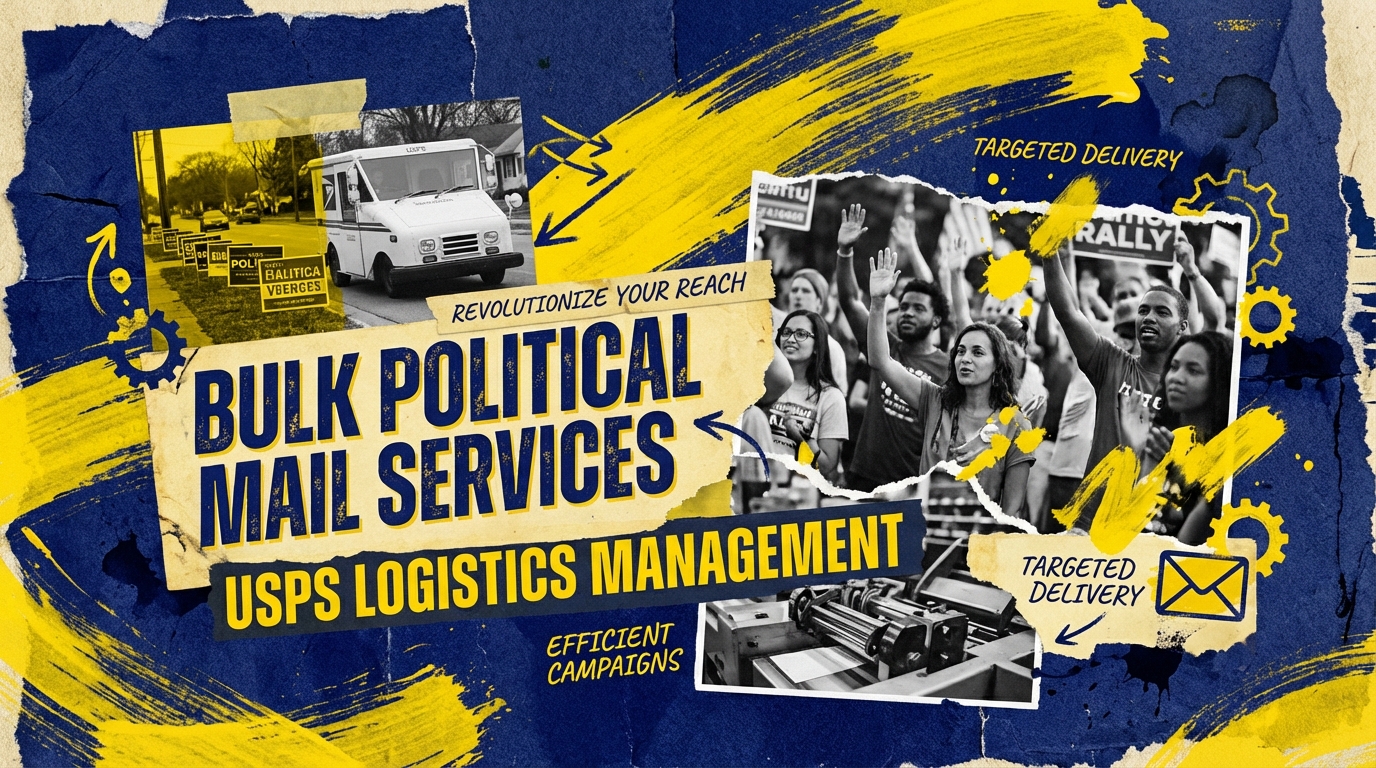 USPS bulk mail trays with political tags ready for distribution