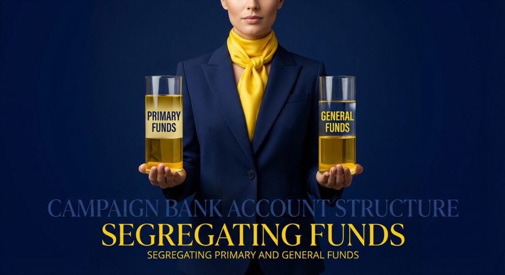 Democratic campaign treasurer reviewing bank account structure and ledger for primary vs general funds