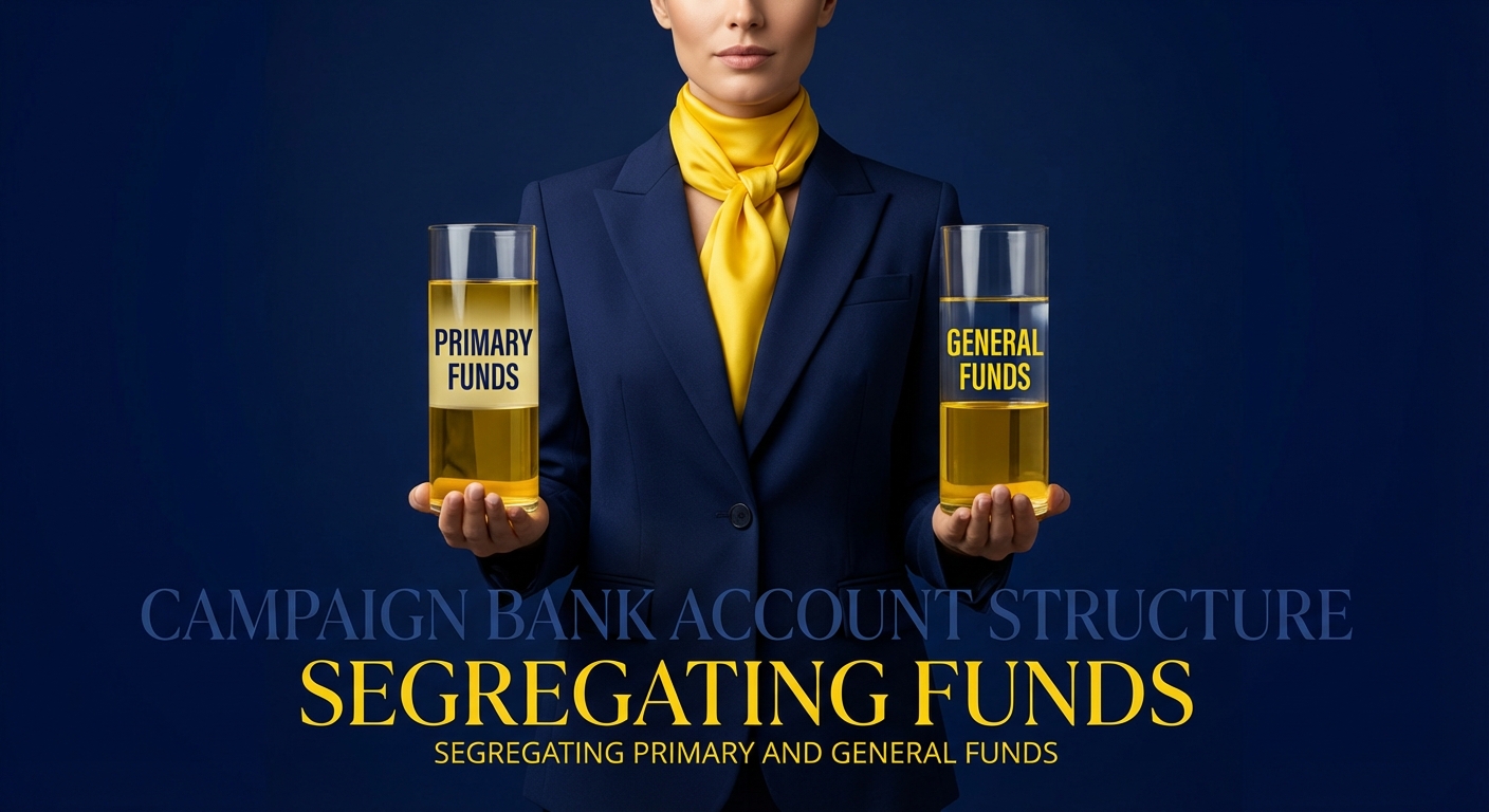 Democratic campaign treasurer reviewing bank account structure and ledger for primary vs general funds