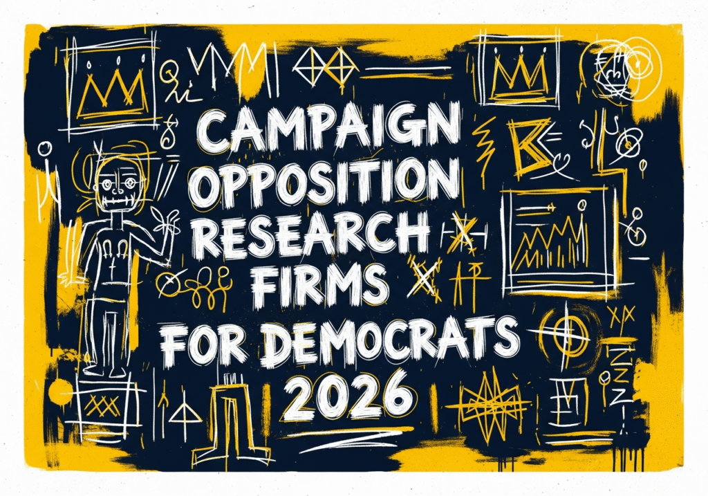 Democratic campaign staff analyzing opposition research data on monitors