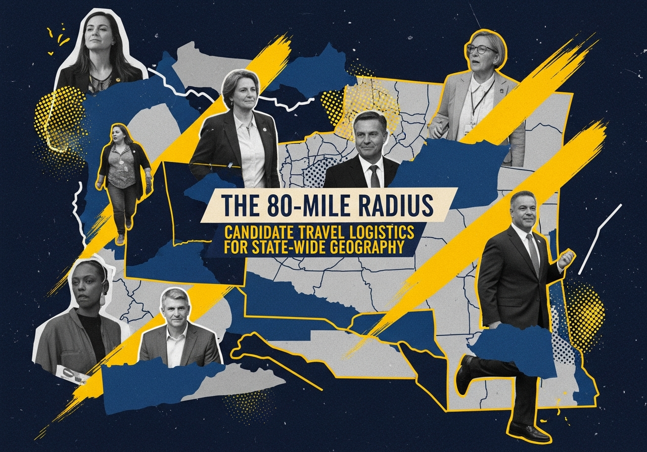 Candidate reviewing travel schedule on tablet in campaign suv