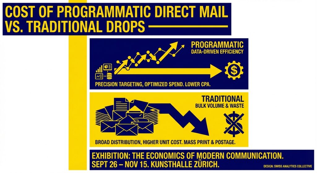 Democratic campaign manager reviewing Cost of Programmatic Direct Mail vs. Traditional Drops on a budget spreadsheet.