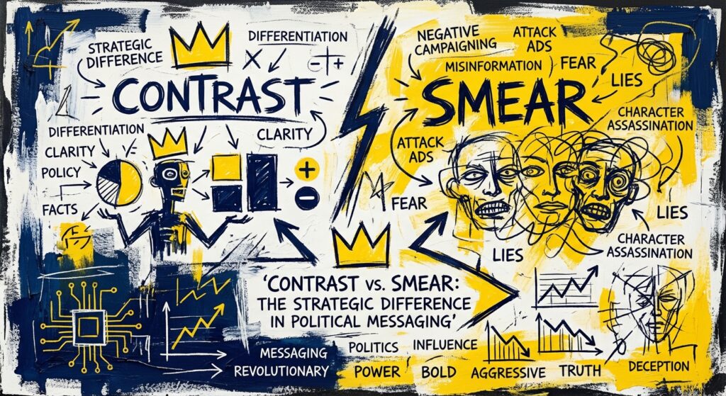 Democratic campaign manager analyzing contrast vs smear messaging strategies on a whiteboard