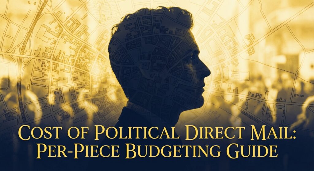 Stack of political direct mail postcards on a desk with a calculator for budgeting.