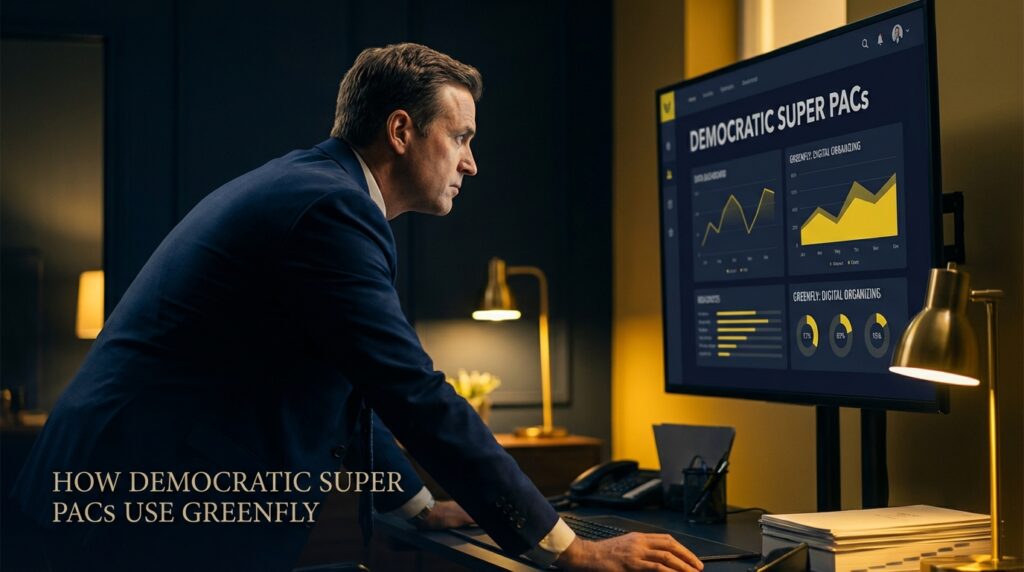 Democratic campaign staff analyzing video content on multiple screens