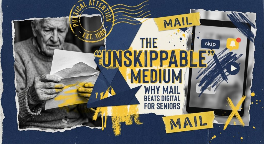 Senior voter reading a political mailer at a kitchen table