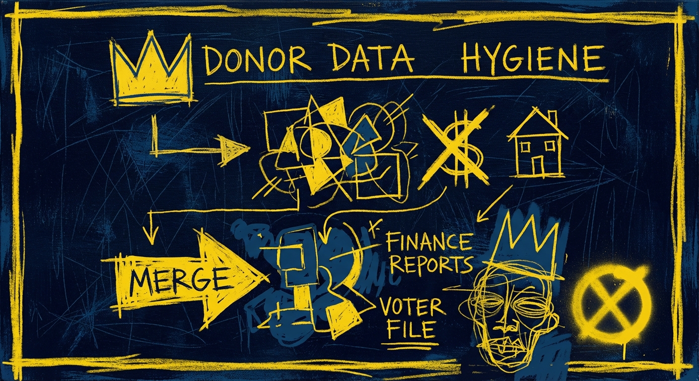 Campaign staffer analyzing donor data hygiene merging finance reports with the voter file on a screen